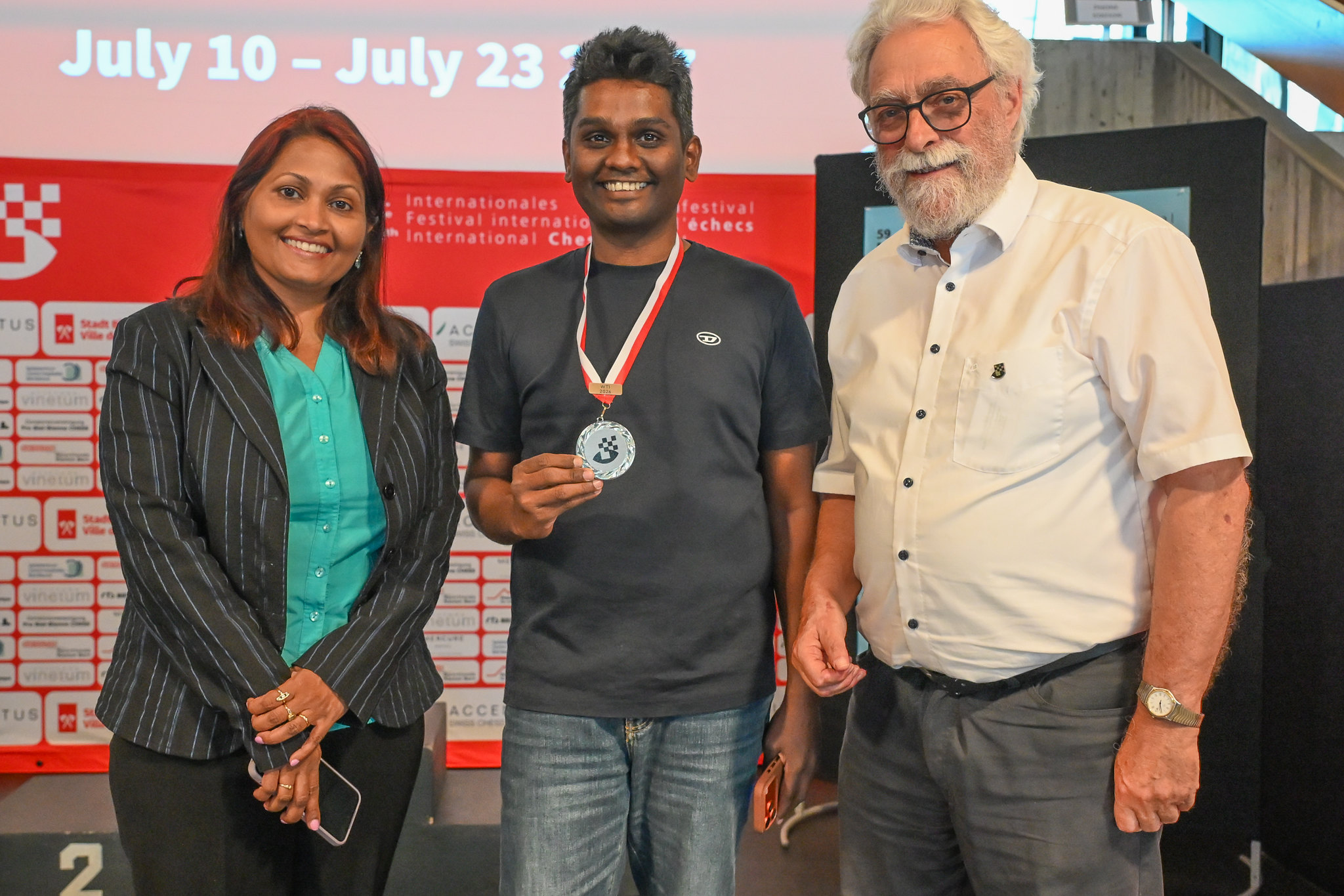 Arun Manukonda celebrating with silver medal at Biel Chess Festival 2026